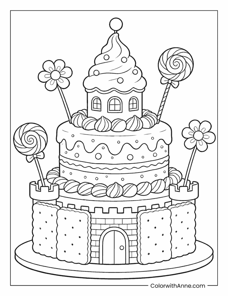 Candy Castle Cake Coloring Page