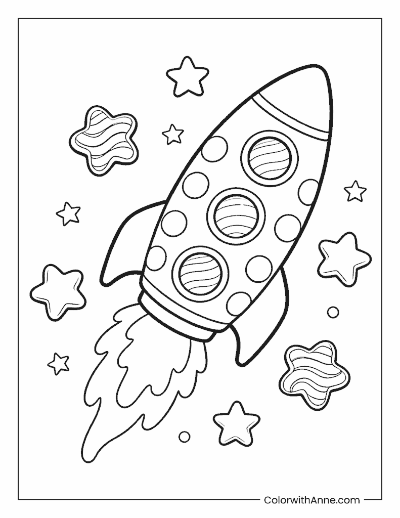 Candy Rocket Ship in Space Coloring Page