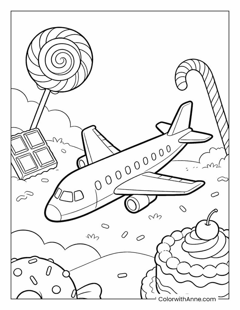Candy-Themed Airplane with Sweets and Desserts Coloring Page