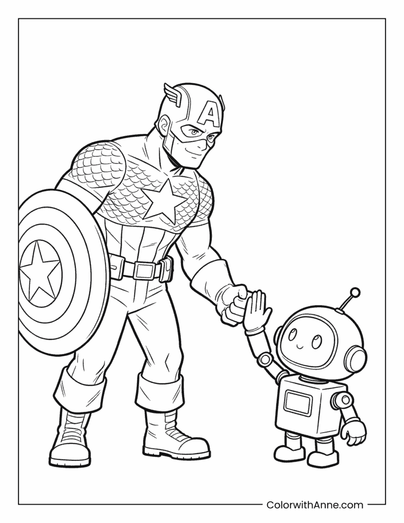 Captain America Shaking Hands with a Robot Coloring Page