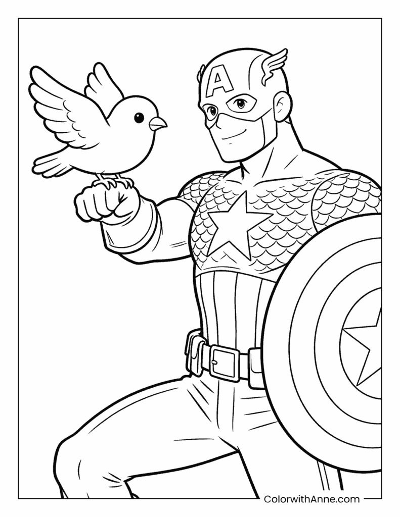 Captain America with a Little Bird Coloring Page