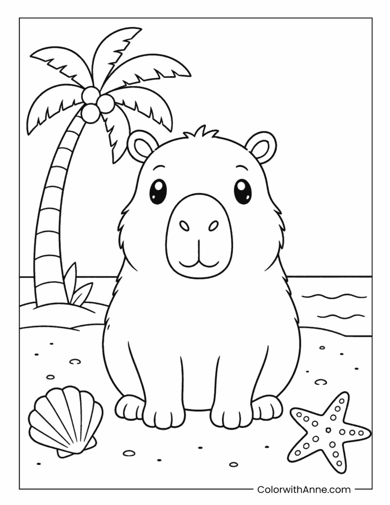 Capybara Beach Day Coloring Page