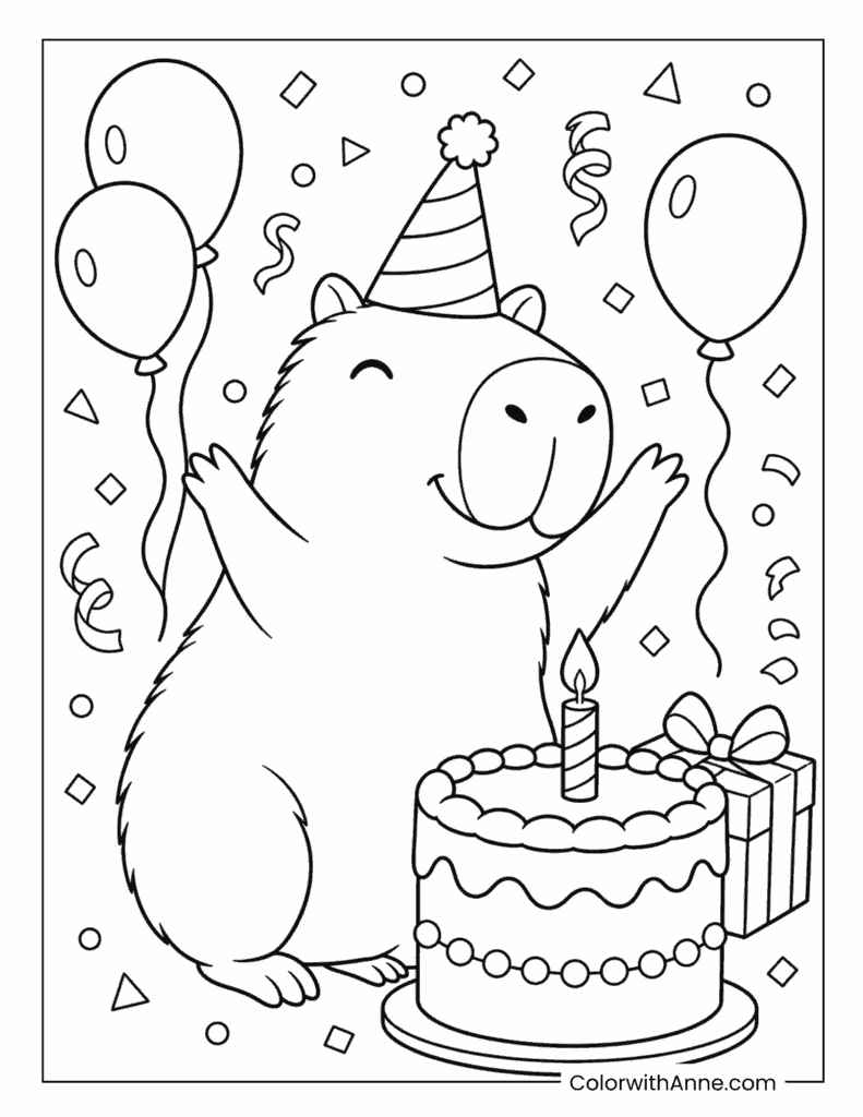 Capybara Birthday Party Coloring Page