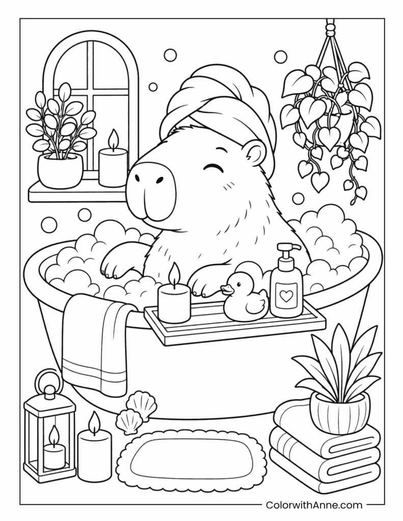 Capybara Bubble Bath Spa Coloring Page