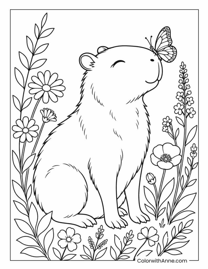 Capybara Butterfly Garden Coloring Page