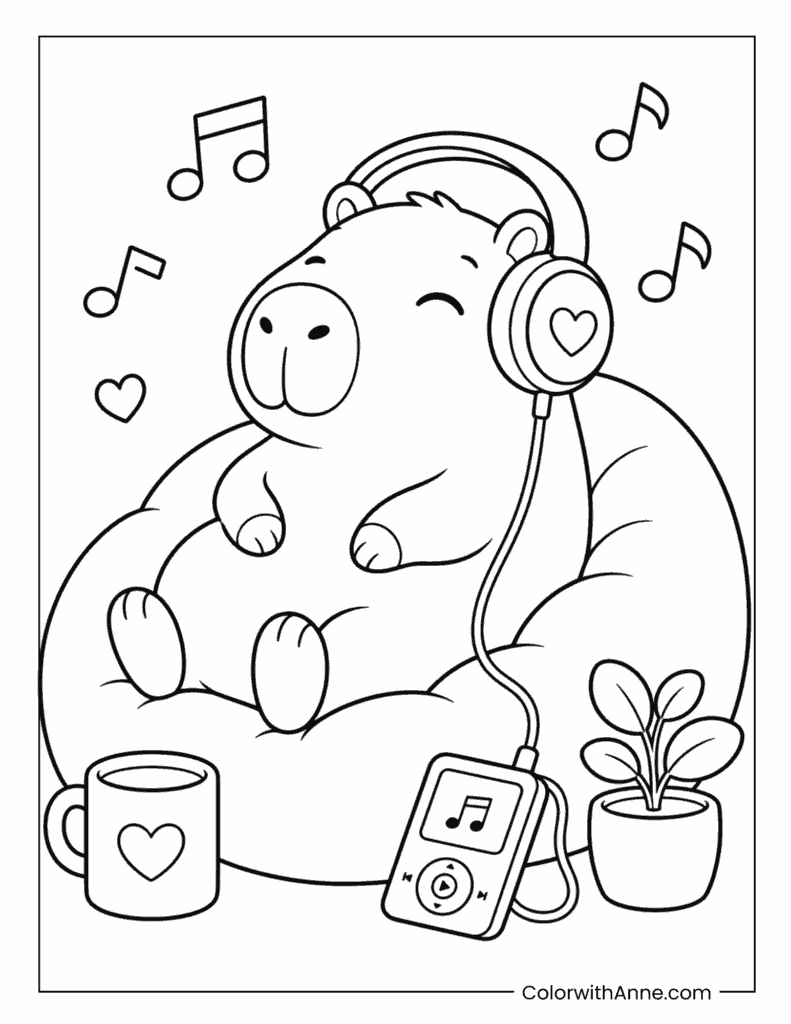 Capybara Listening to Music Coloring Page