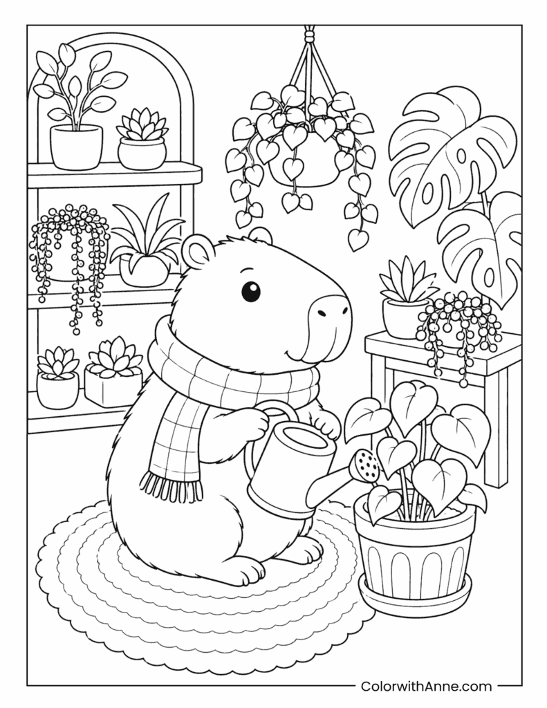 Capybara Plant Care Coloring Page