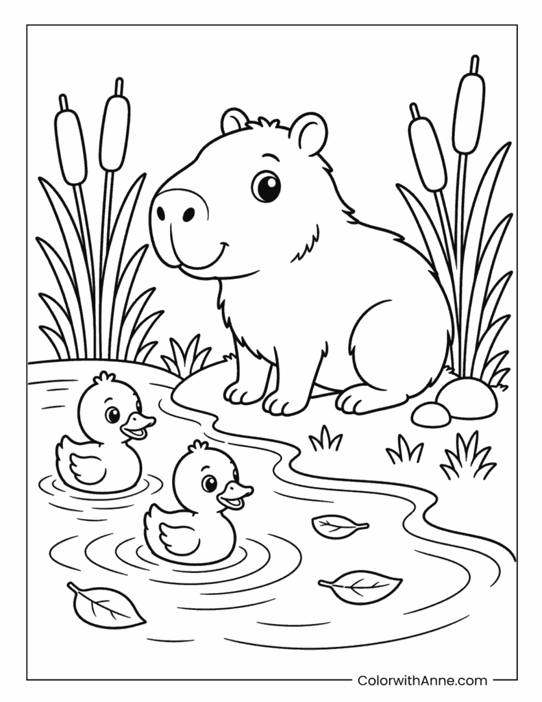 Capybara Pond with Ducks Coloring Page