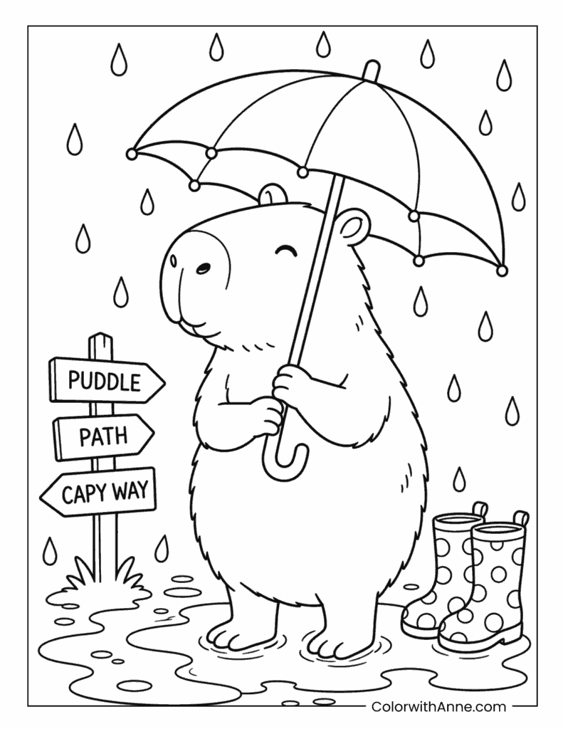Capybara Rainy Day Umbrella Coloring Page