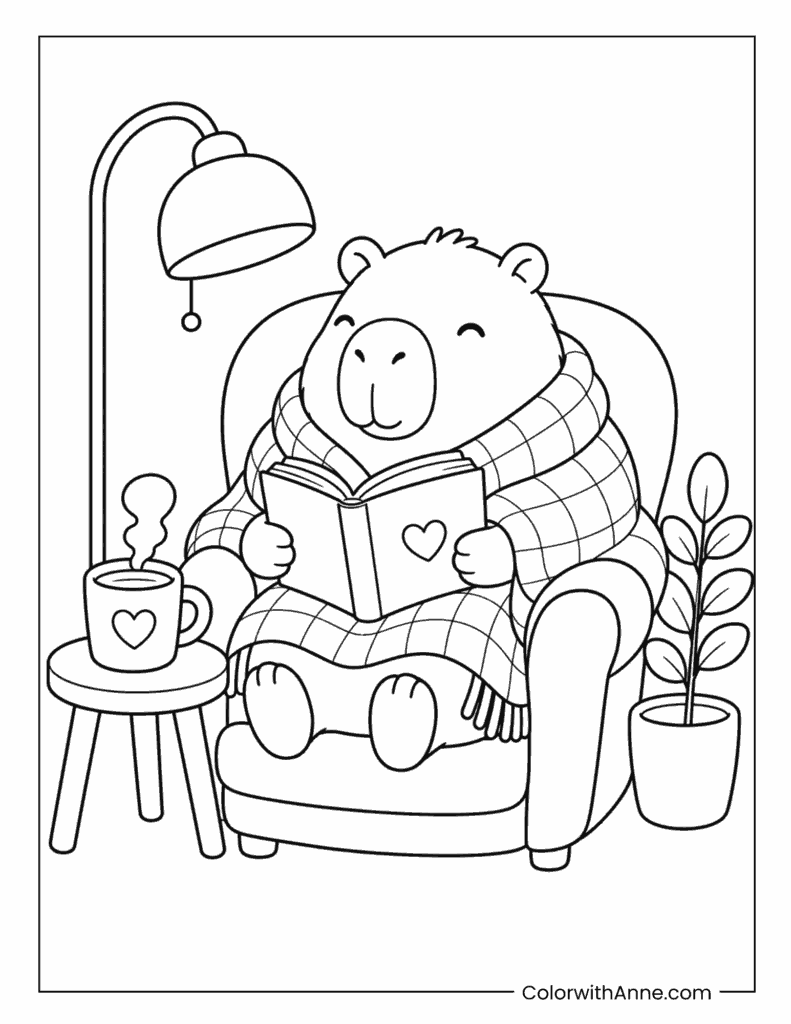 Capybara Reading Books Cozy Coloring Page