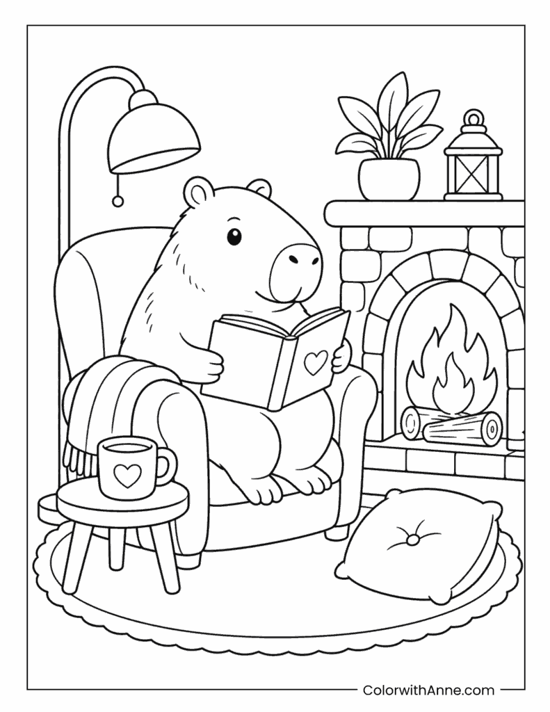 Capybara Reading by the Fireplace Coloring Page