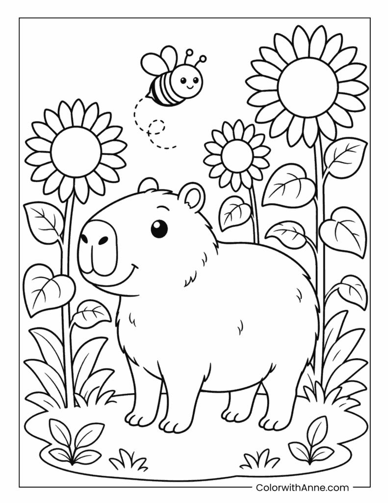 Capybara Sunflower Garden Coloring Page