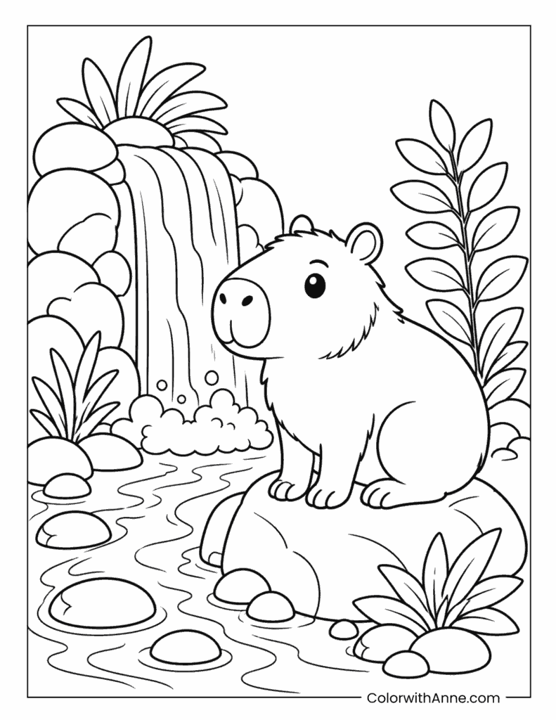 Capybara Waterfall Nature Coloring Page