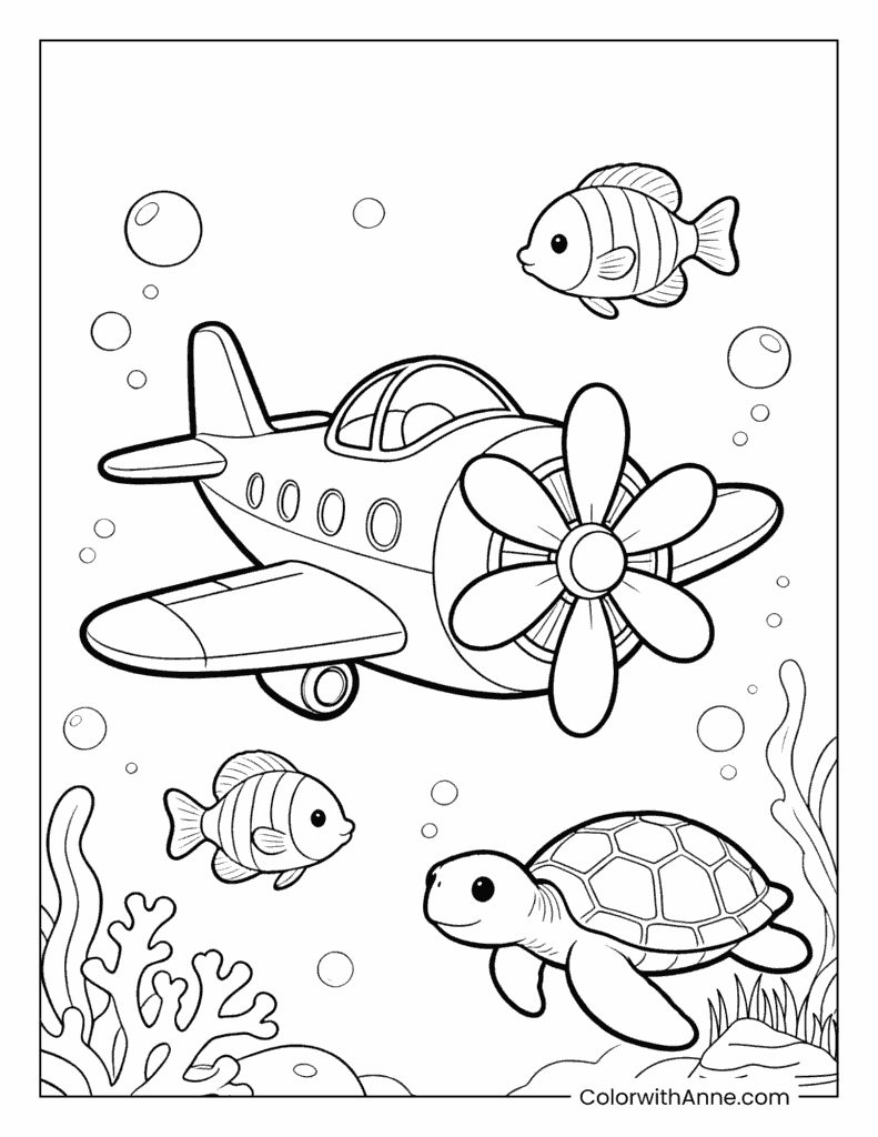 Cartoon Airplane in the Ocean Coloring Page