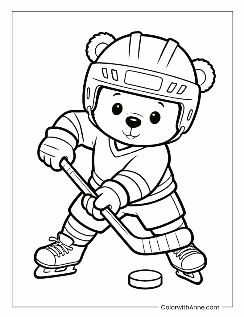 Cartoon Bear Playing Hockey Coloring Page