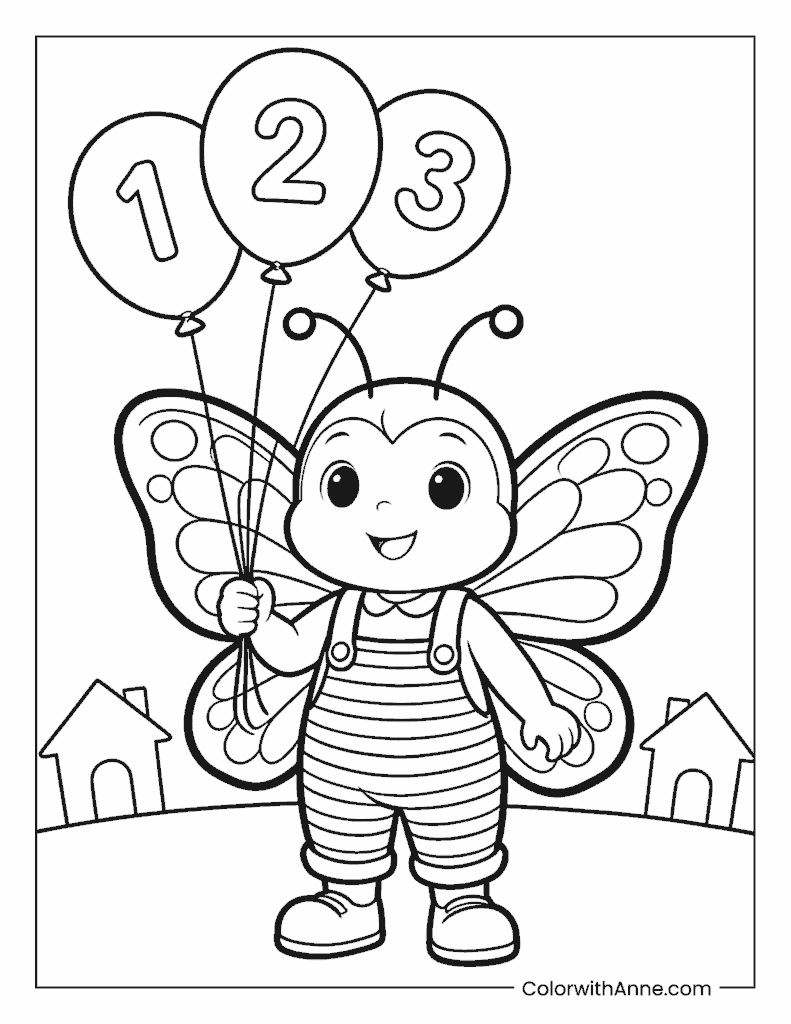 Cartoon Butterfly Baby with Numbered Balloons Coloring Page