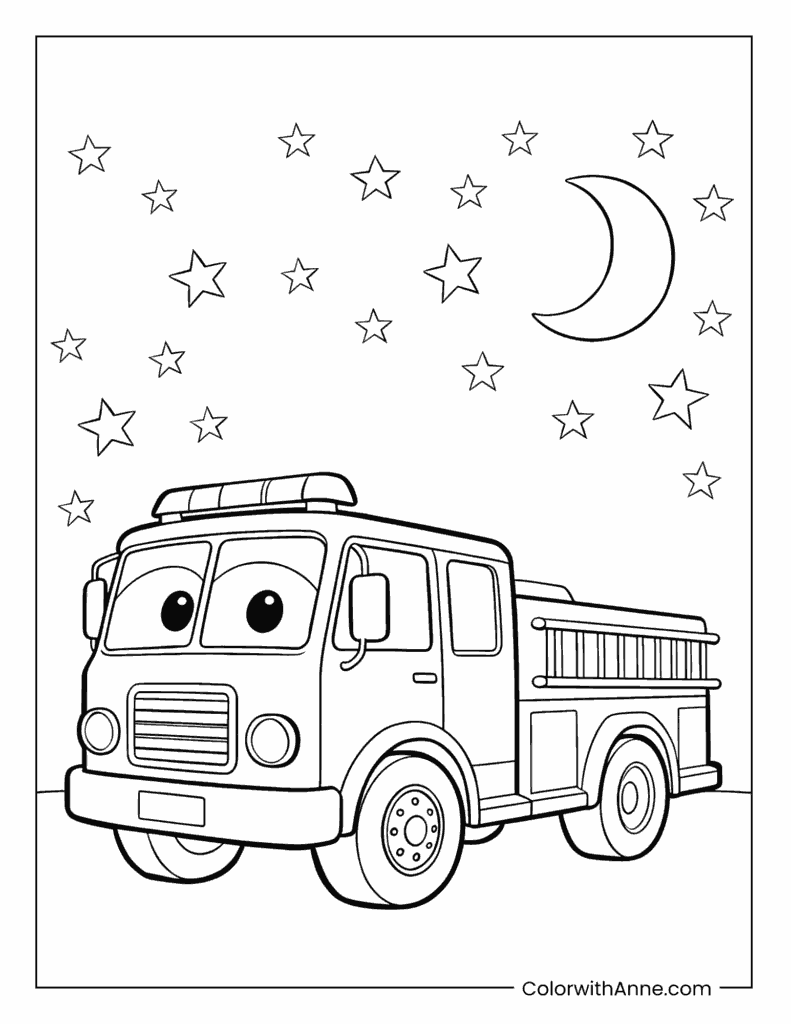 Cartoon Fire Truck with Big Eyes on a Starry Night Coloring Page