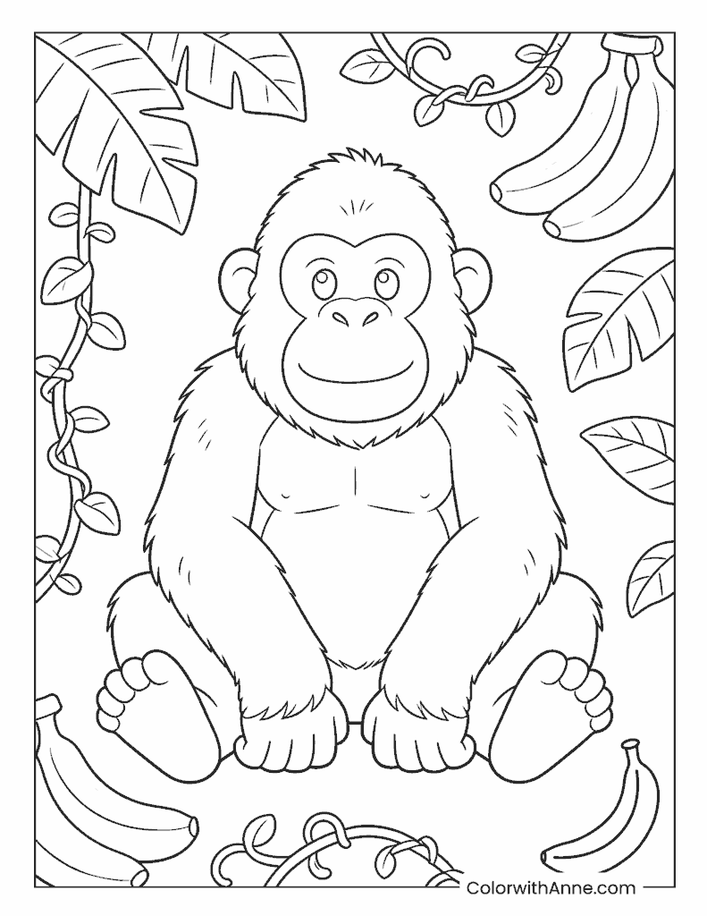 Cartoon Gorilla with Vines and Bananas Coloring Page