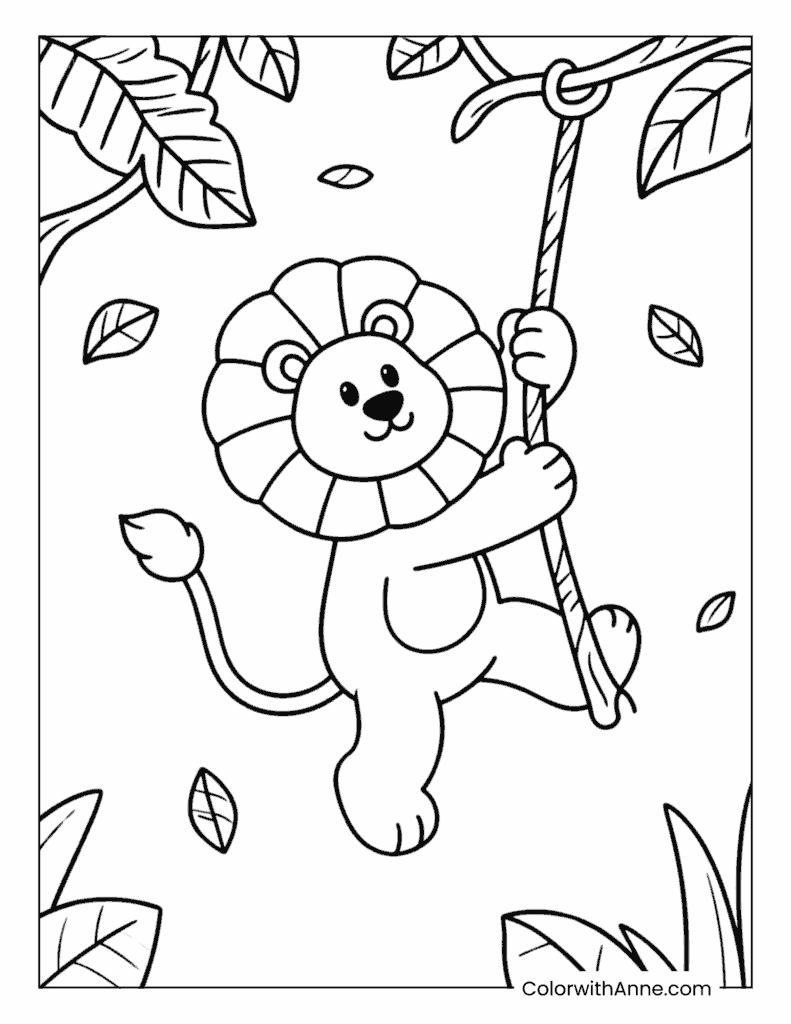 Cartoon Lion Swinging on Jungle Vines Coloring Page