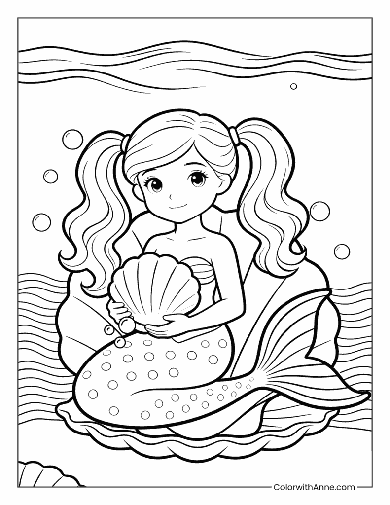 Cartoon Mermaid with Twin Ponytails on a Seashell Coloring Page
