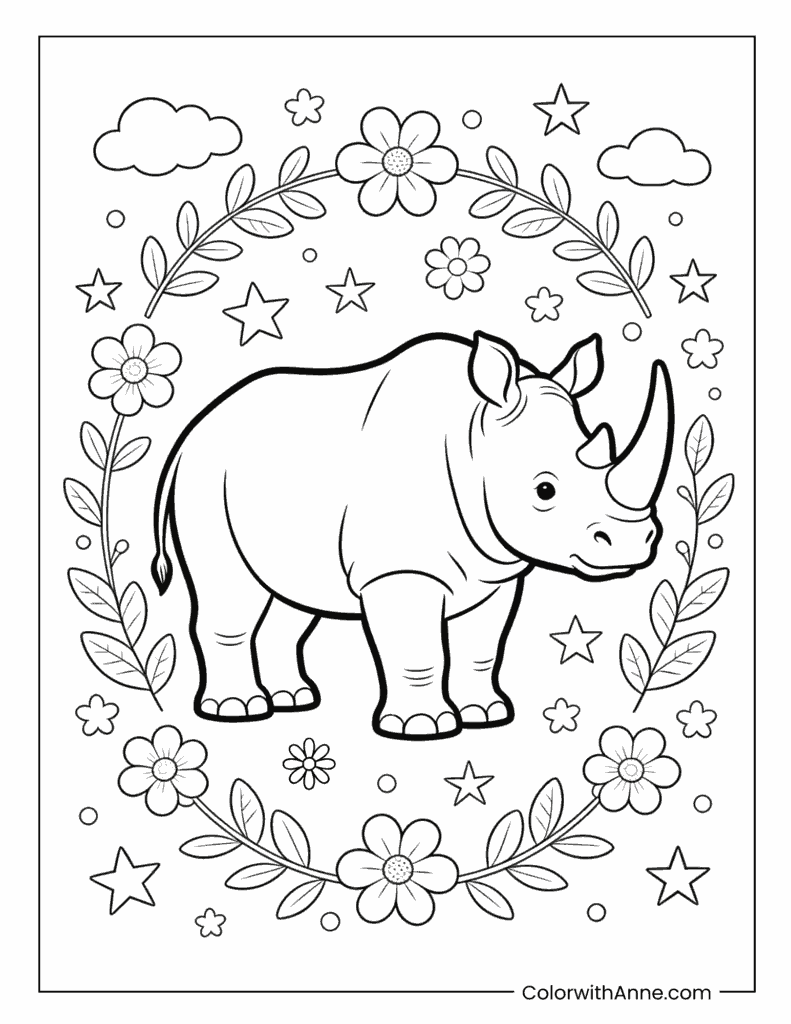 Cartoon Rhino Surrounded by Vines and Flowers Dreamy Coloring Page