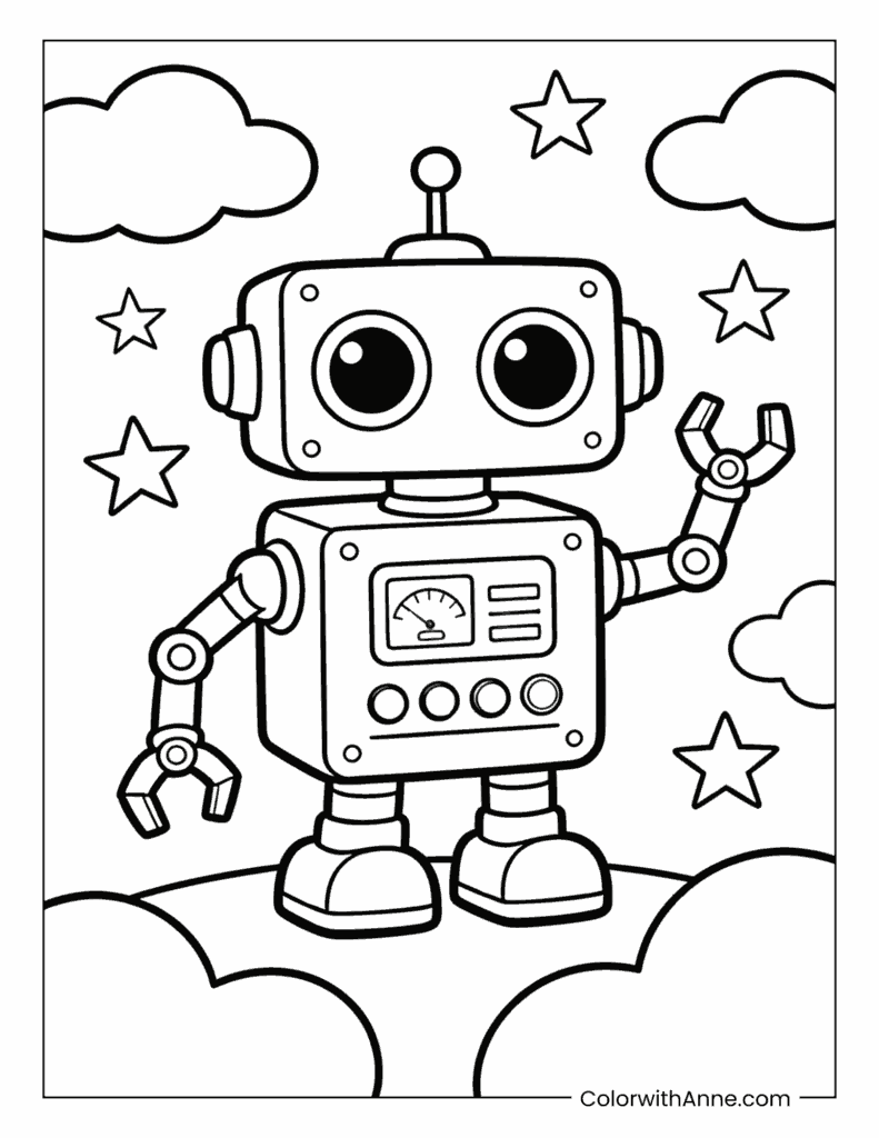 Cartoon Robot on a Cloud Coloring Page