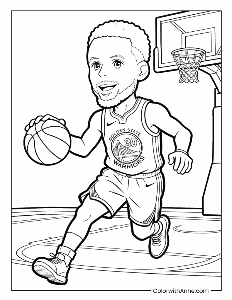 Cartoon Stephen Curry Dribbling and Smiling Coloring Page