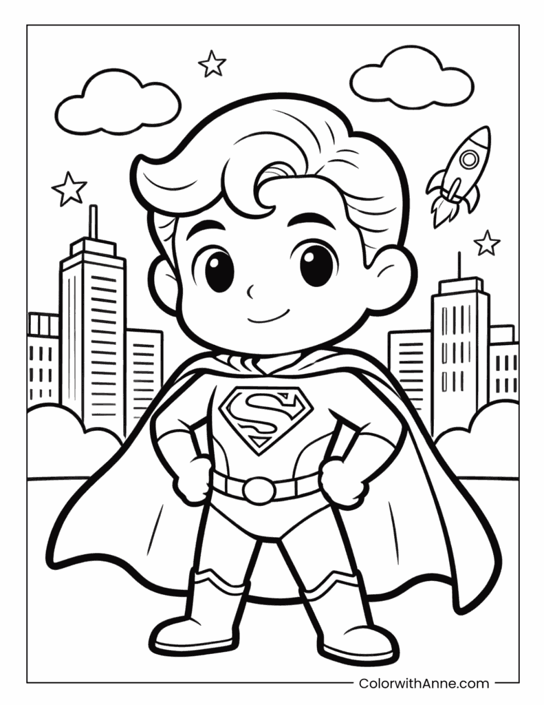 Cartoon Superman with Rocket and Stars Coloring Page