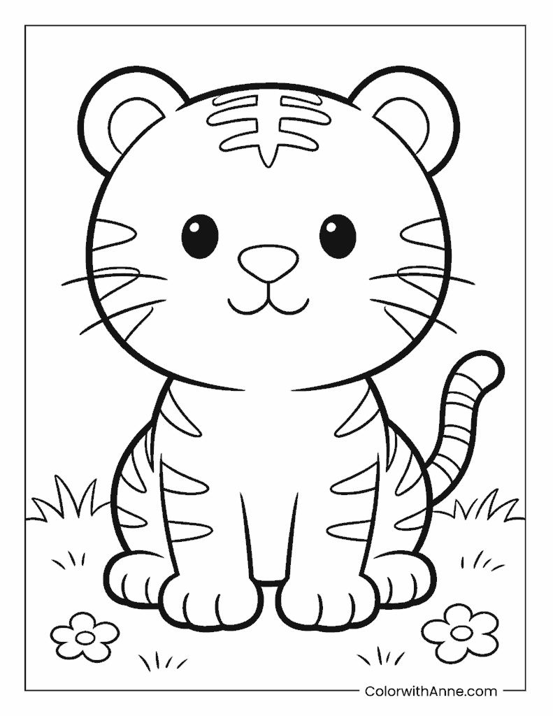 Cartoon Tiger with Flowers and Grasses Coloring Page