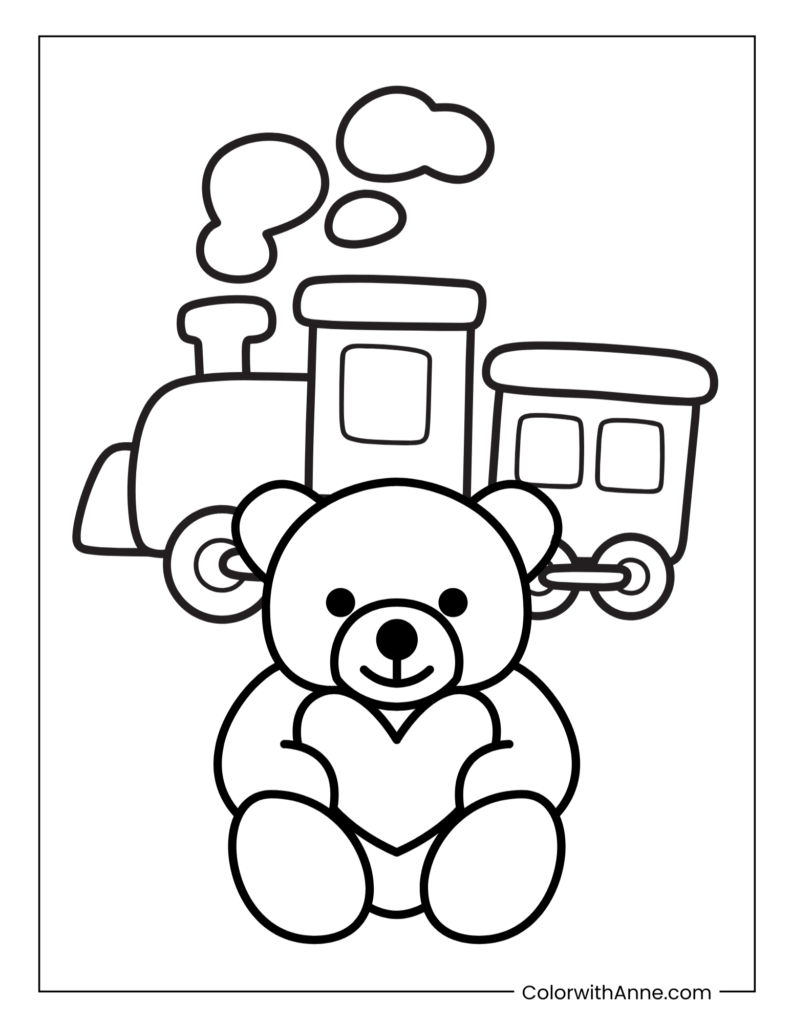Cartoon Train and a Bear Coloring Page