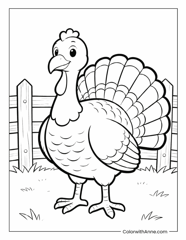 Cartoon Turkey in Front of a Wooden Fence Coloring Page
