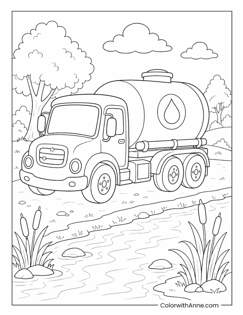 Cartoon Water Tanker Truck Next To A Peaceful Forest Creek Coloring Page