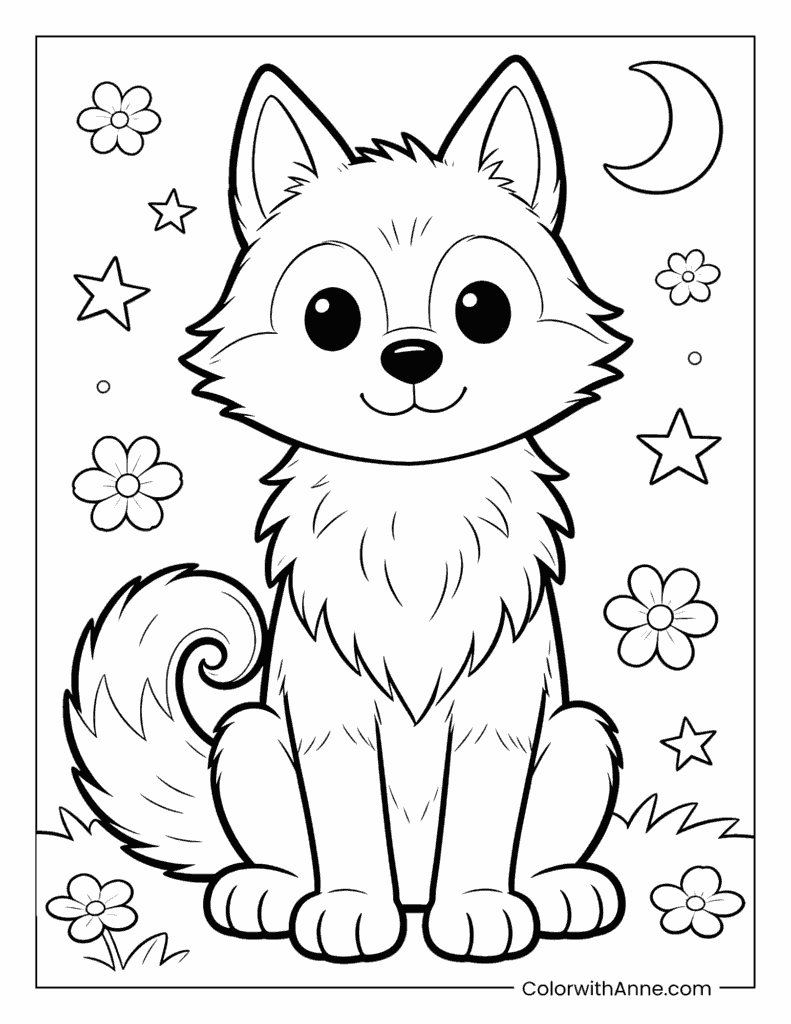 Cartoon Wolf Sitting Under a Starry Moonlit Sky Coloring Page