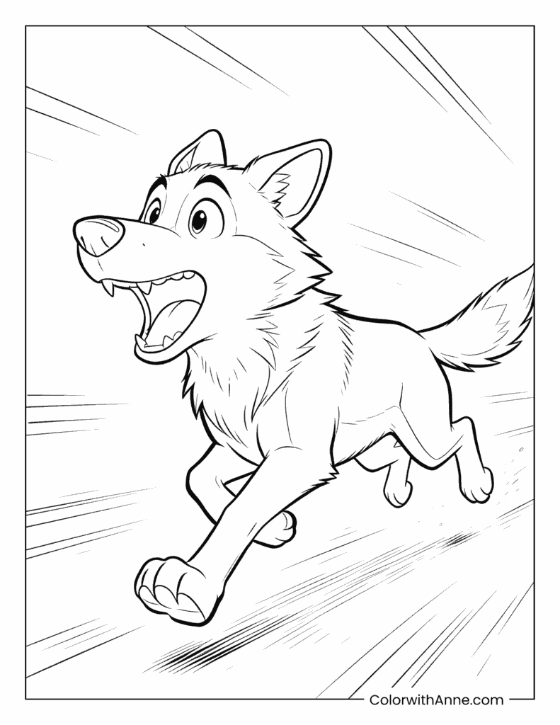 Cartoon Wolf in a Sprint Pose Coloring Page