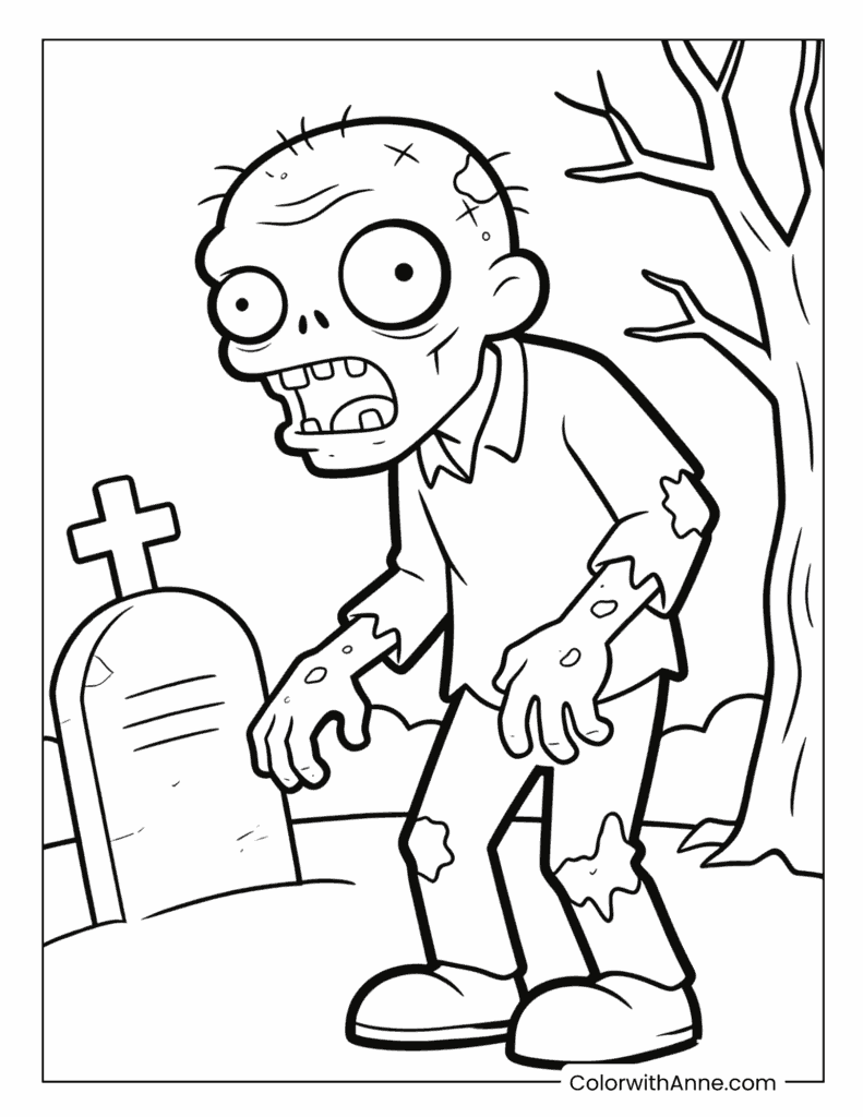 Cartoon Zombie Rising from Graveyard Coloring Page