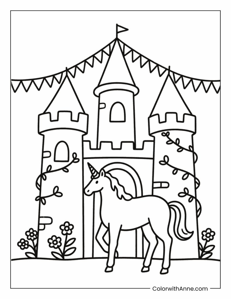 Castle Fantasy Unicorn Coloring Page