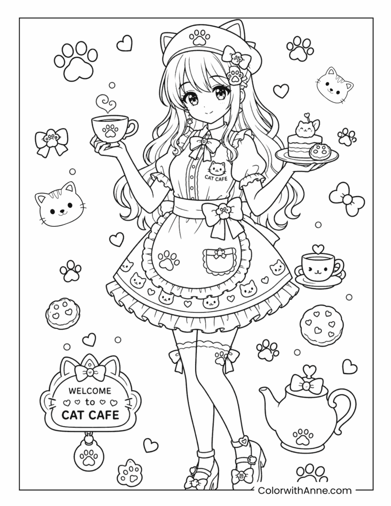 Cat Cafe Anime Girl Coloring Page