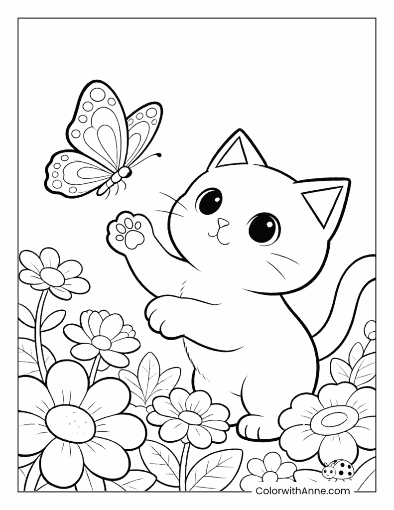Cat Chasing a Butterfly in the Garden Coloring Page
