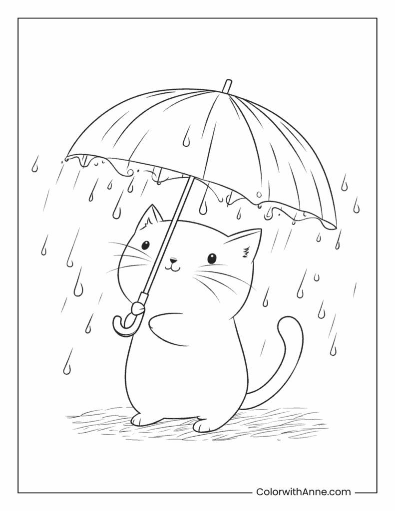 Cat Holding an Umbrella Coloring Page