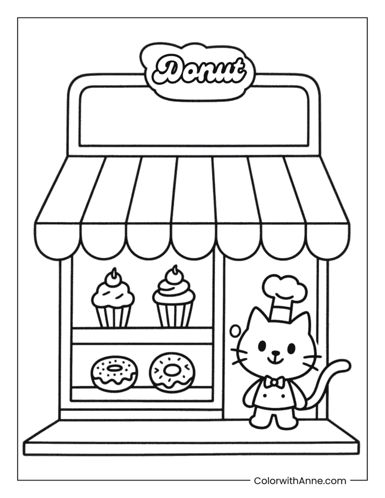 Cat Magical Donut Shop Coloring Page