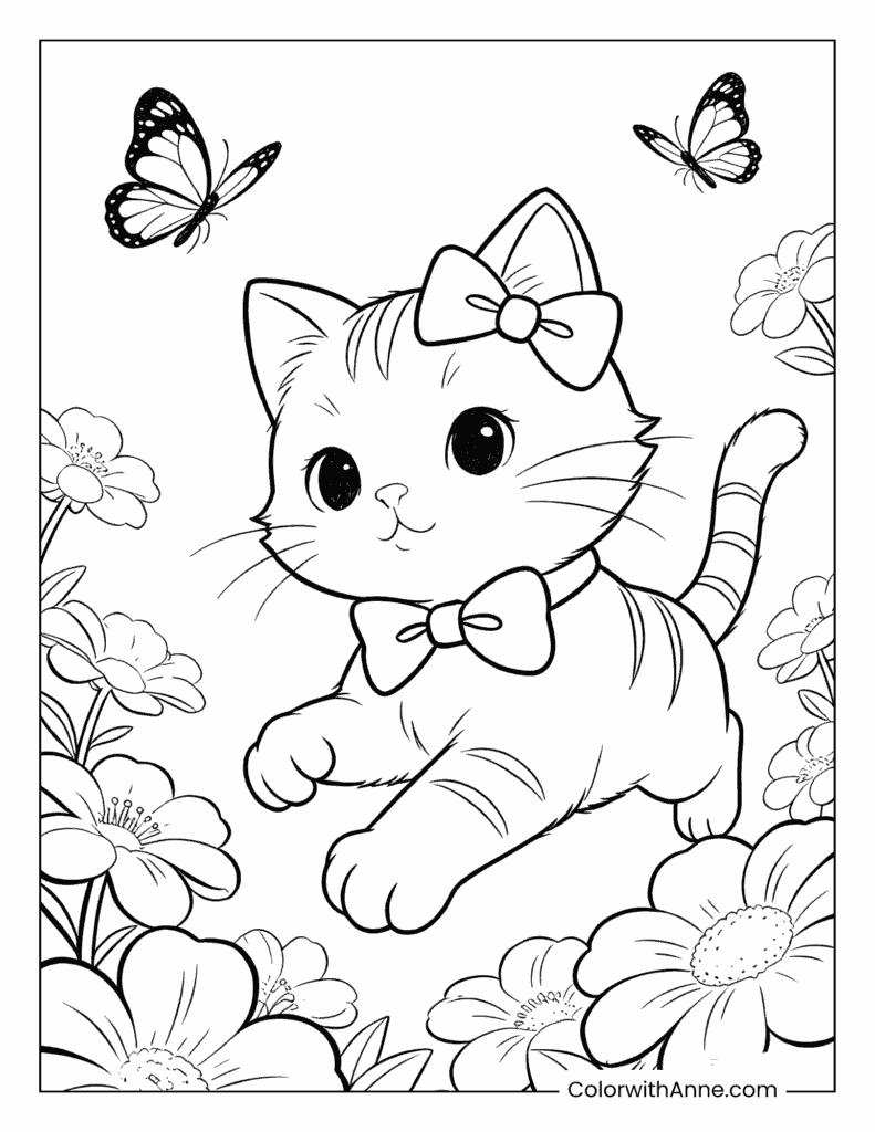 Cat Playing in a Flower Garden with Butterflies Coloring Page