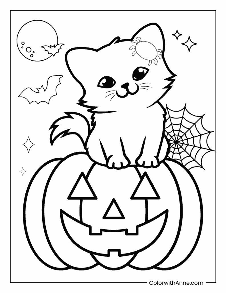 Cat & Pumpkin Coloring Page