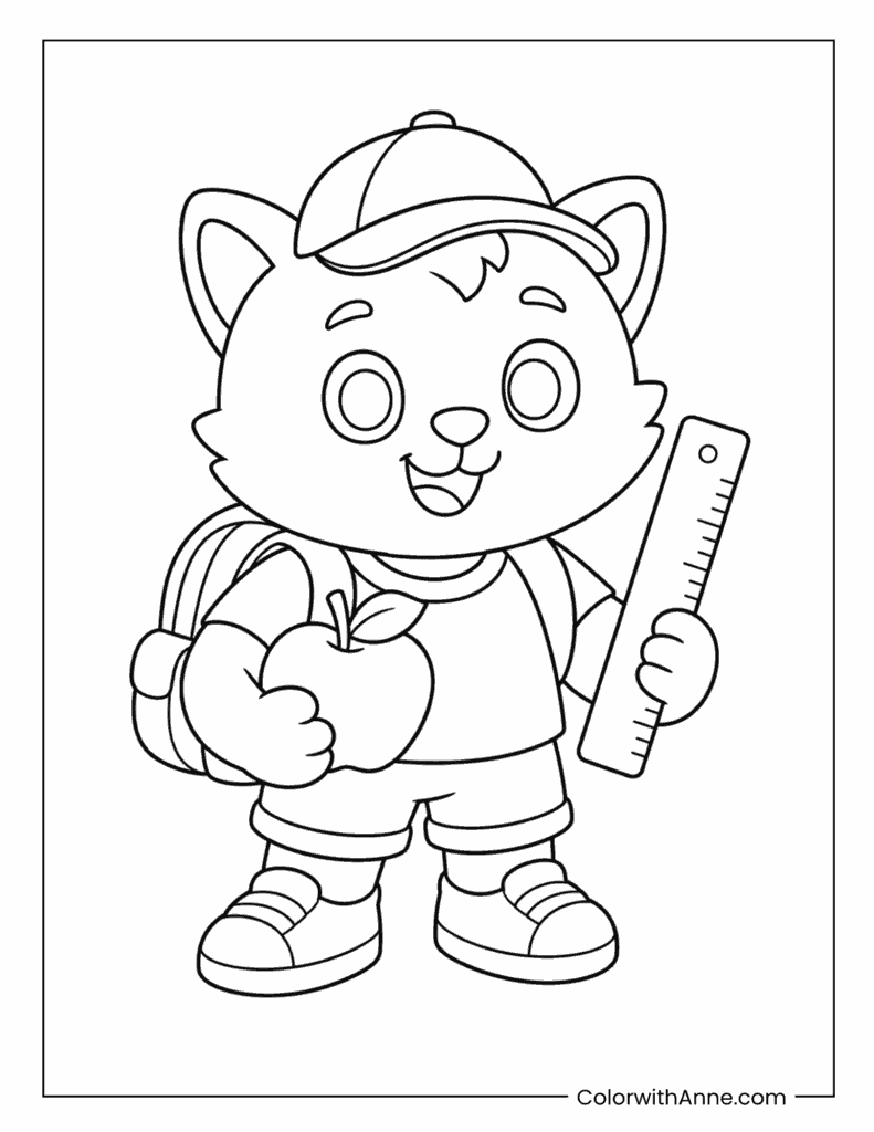 Cat Student Holding Books and a Ruler Coloring Page