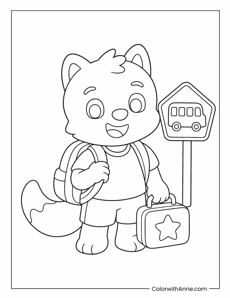 Cat Student Waiting for the School Bus Coloring Page