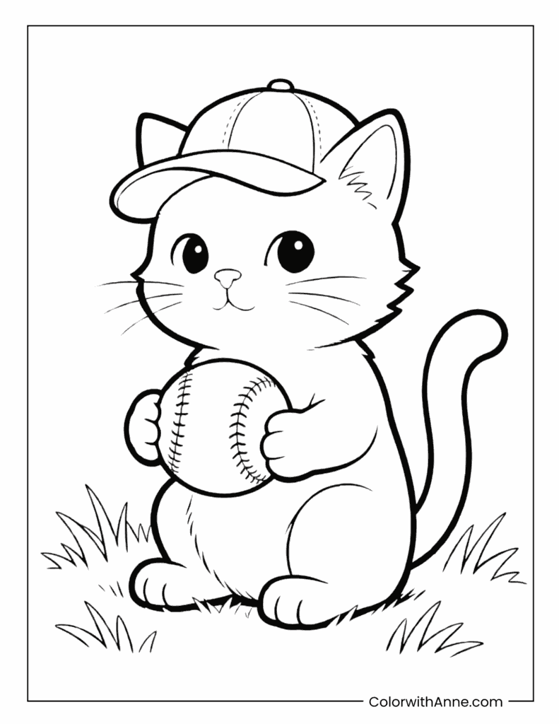 Cat in Baseball Cap Holding a Ball Coloring Page