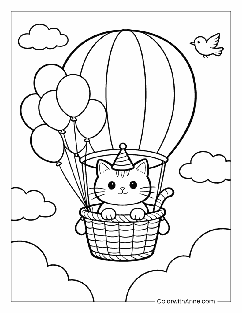 Cat in a Hot Air Balloon with Birthday Party Hat Coloring Page