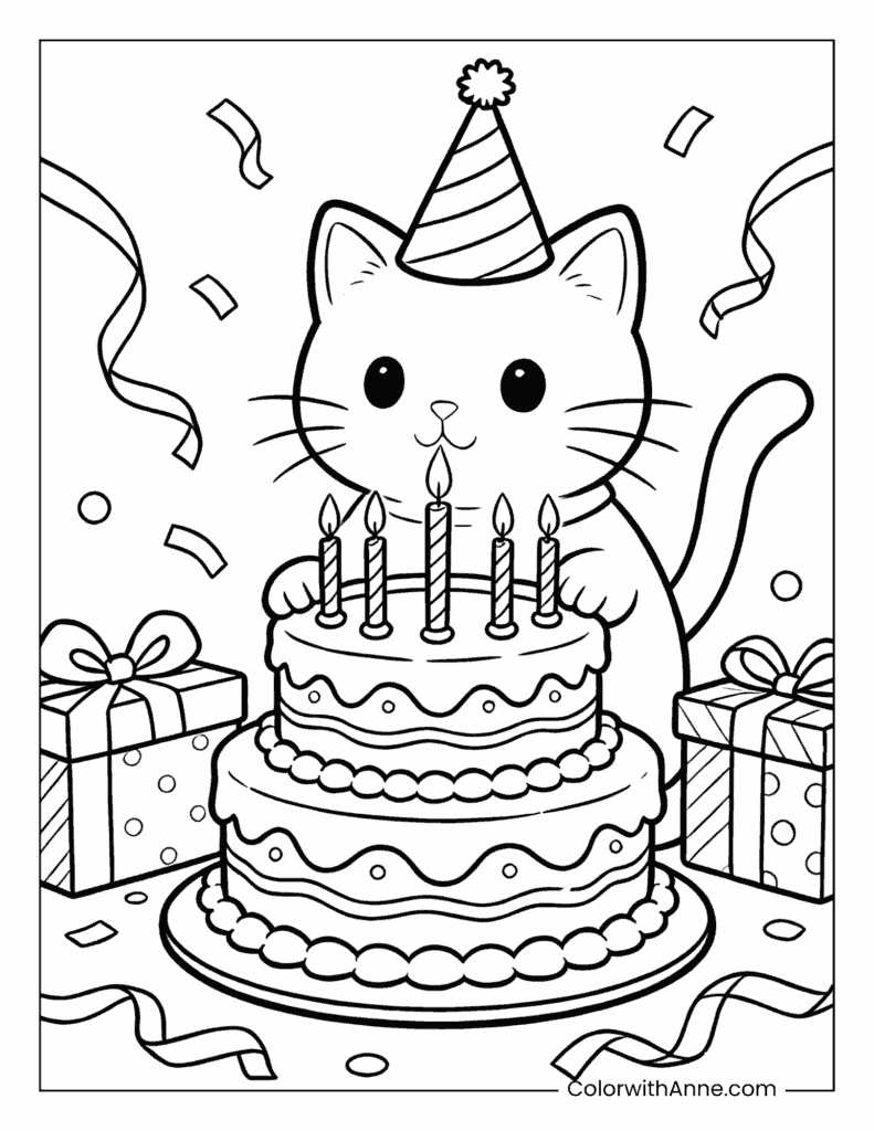 Cat with Birthday Cake and Presents Coloring Page