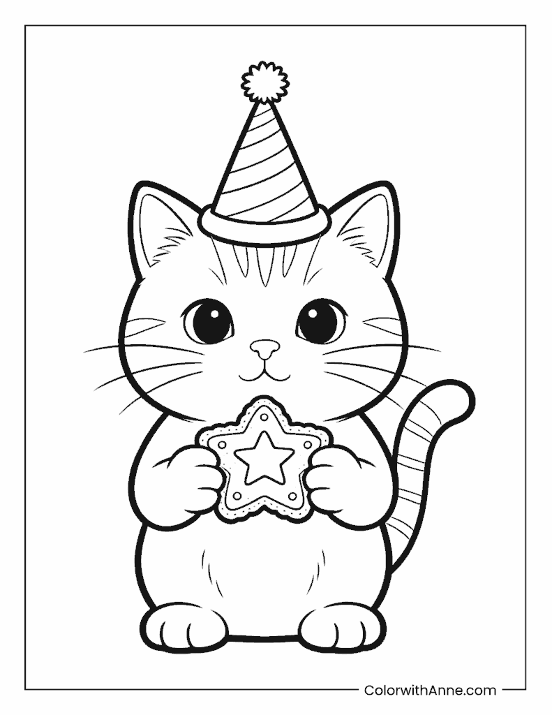 Cat with Birthday Hat and Cookie Coloring Page