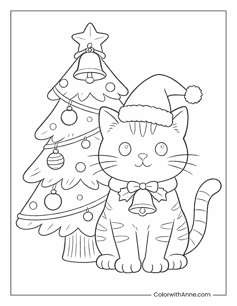 Cat with Christmas Hat and Christmas Tree Coloring Page