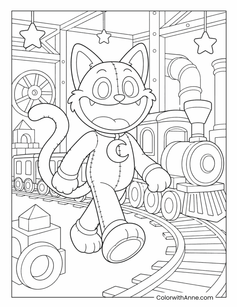 CatNap Beside Toy Train Coloring Page